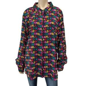 Karl Lagerfeld Shirt Women 3XL Black Multicolor Long Sleeve Button Down Logo NWT